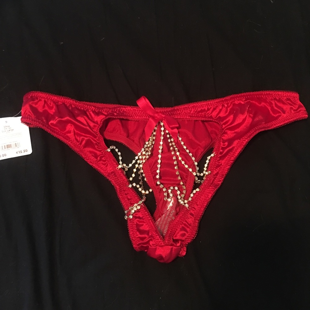 NWT Red satin rhinestone open bottom panties❤️